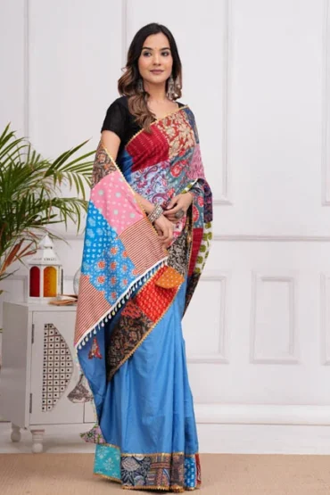 tufts blue patch work cotton sarees front view