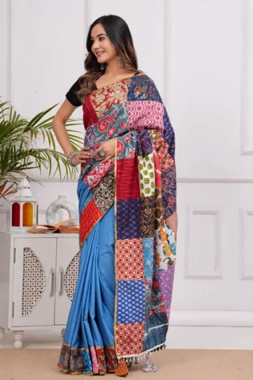 tufts blue patch work cotton sarees look