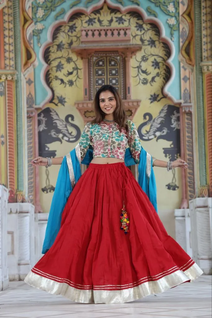 dark red navratri lehenga choli front view