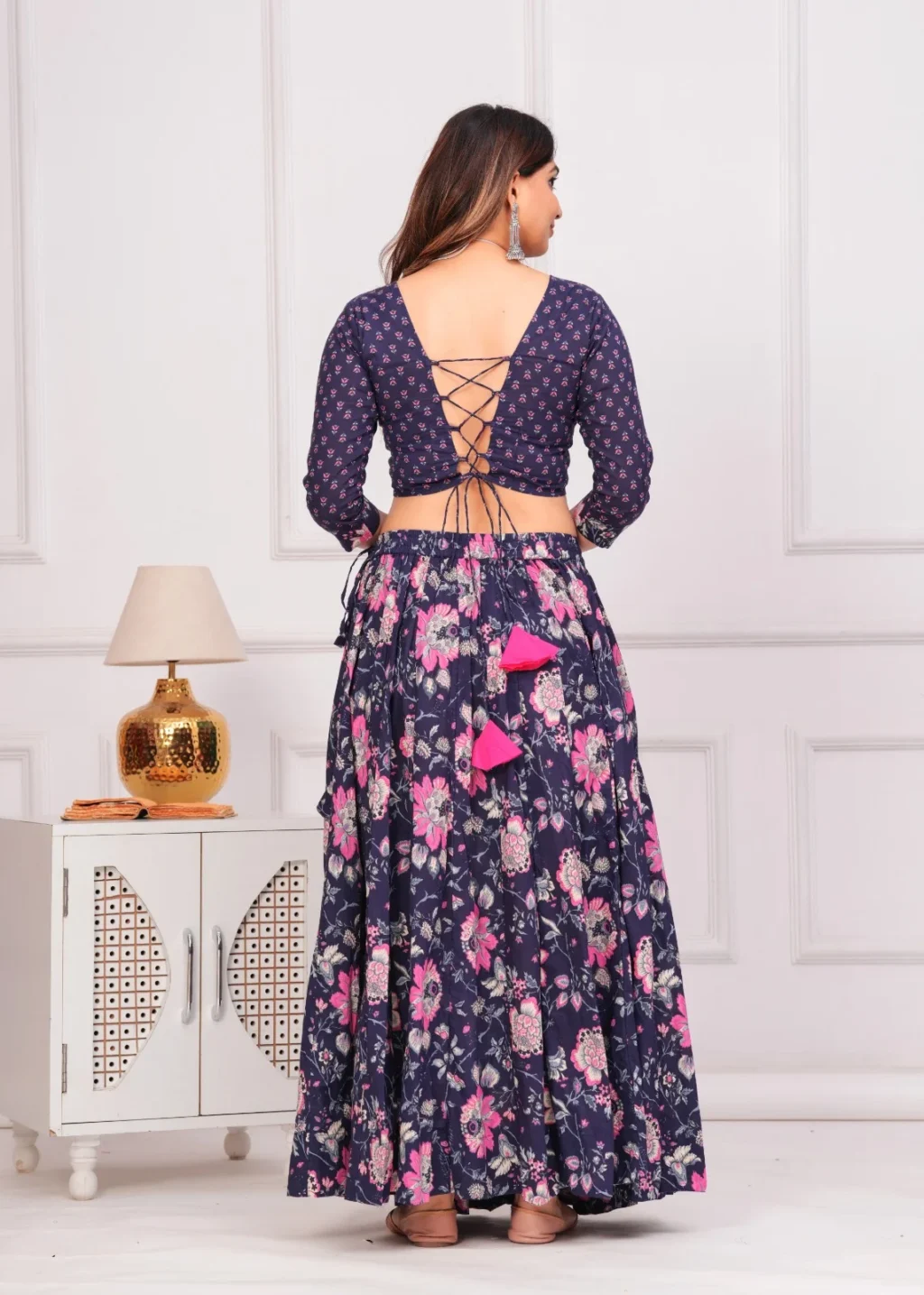 navy blue navratri lehenga choli back view