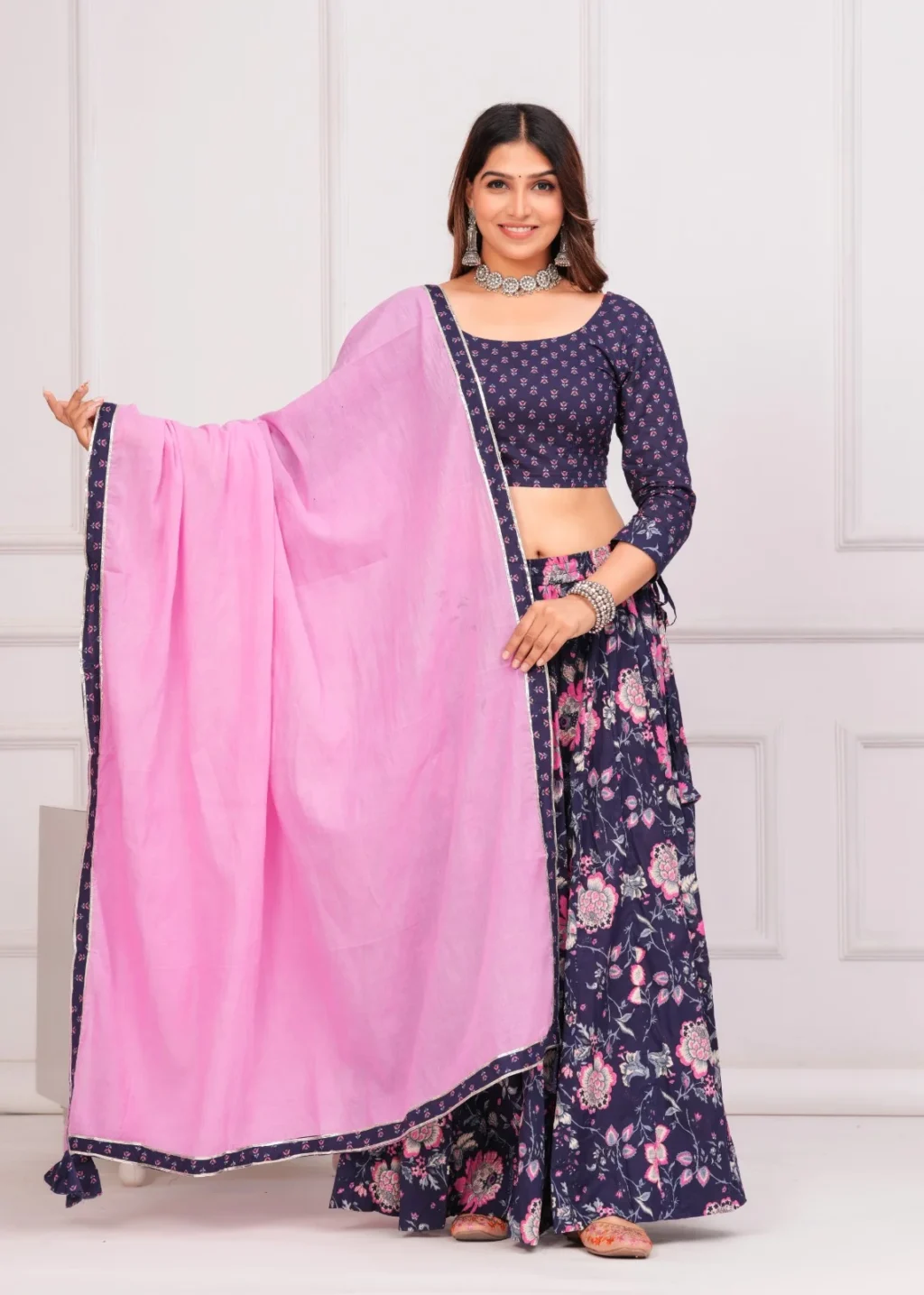 navy blue navratri lehenga choli front view