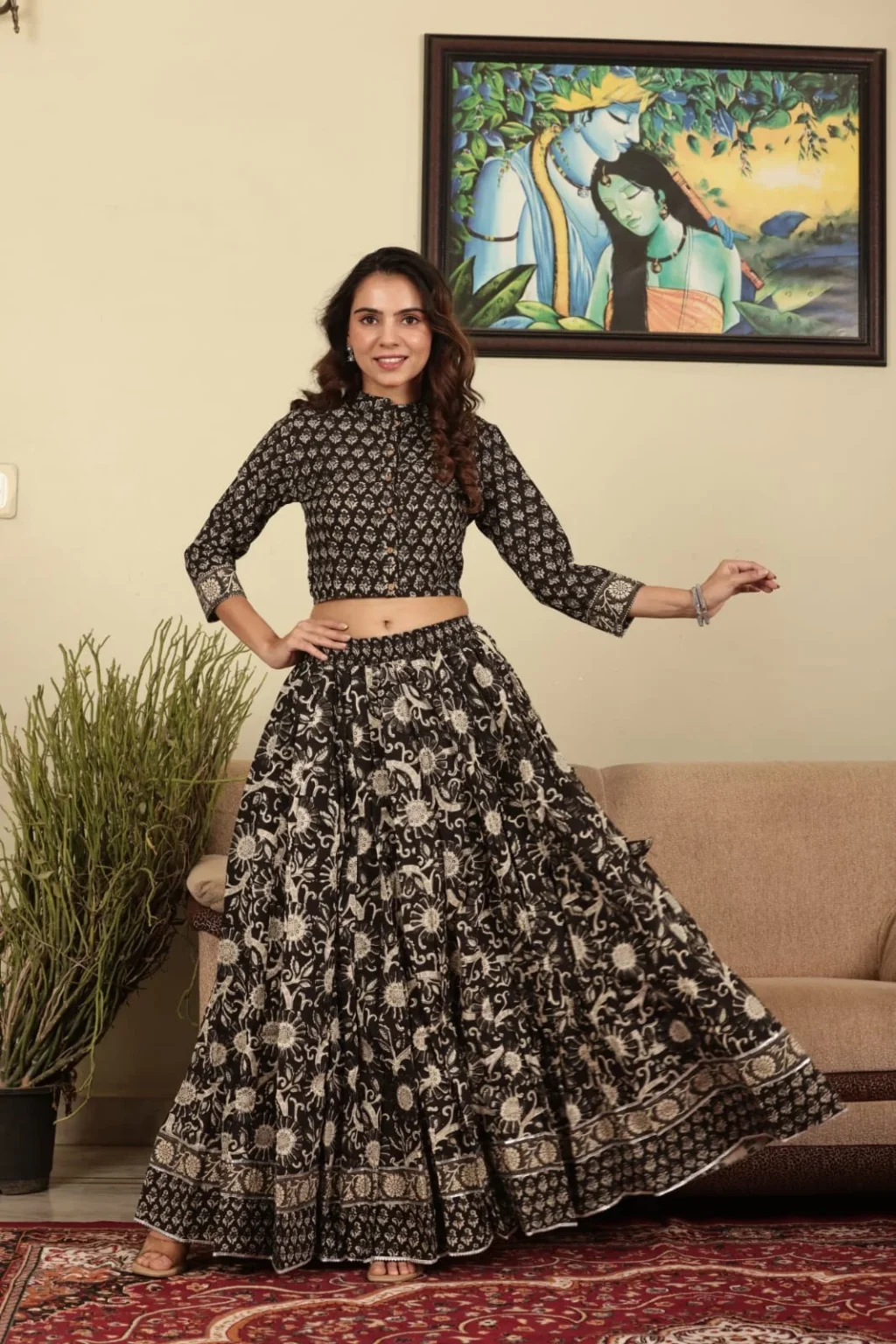 printed lehenga choli up hand view