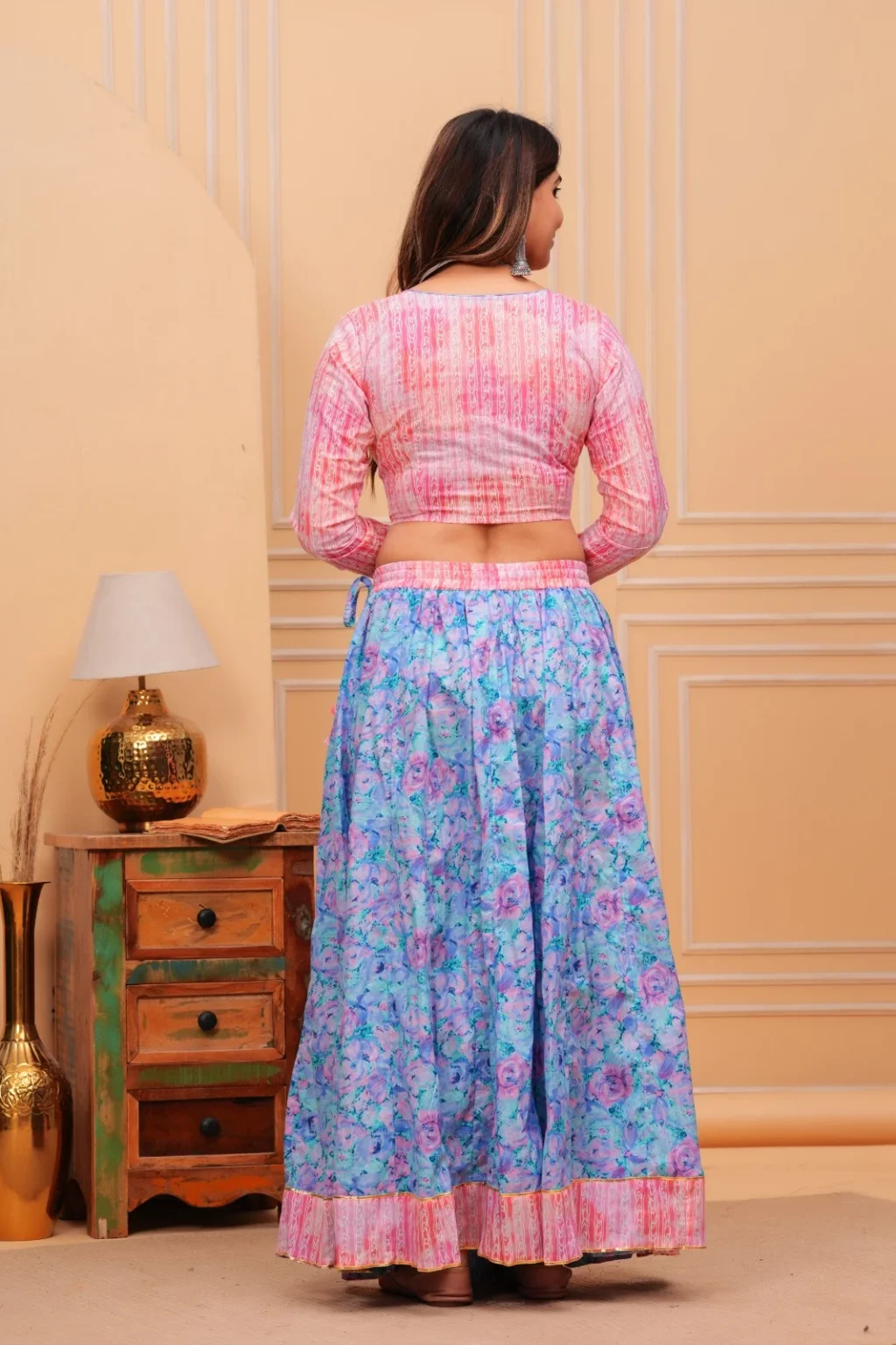 rock blue cotton lehenga choli back view