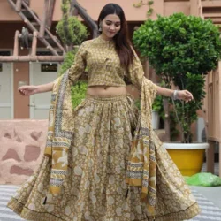 moccasin yellow floral lehenga choli front view